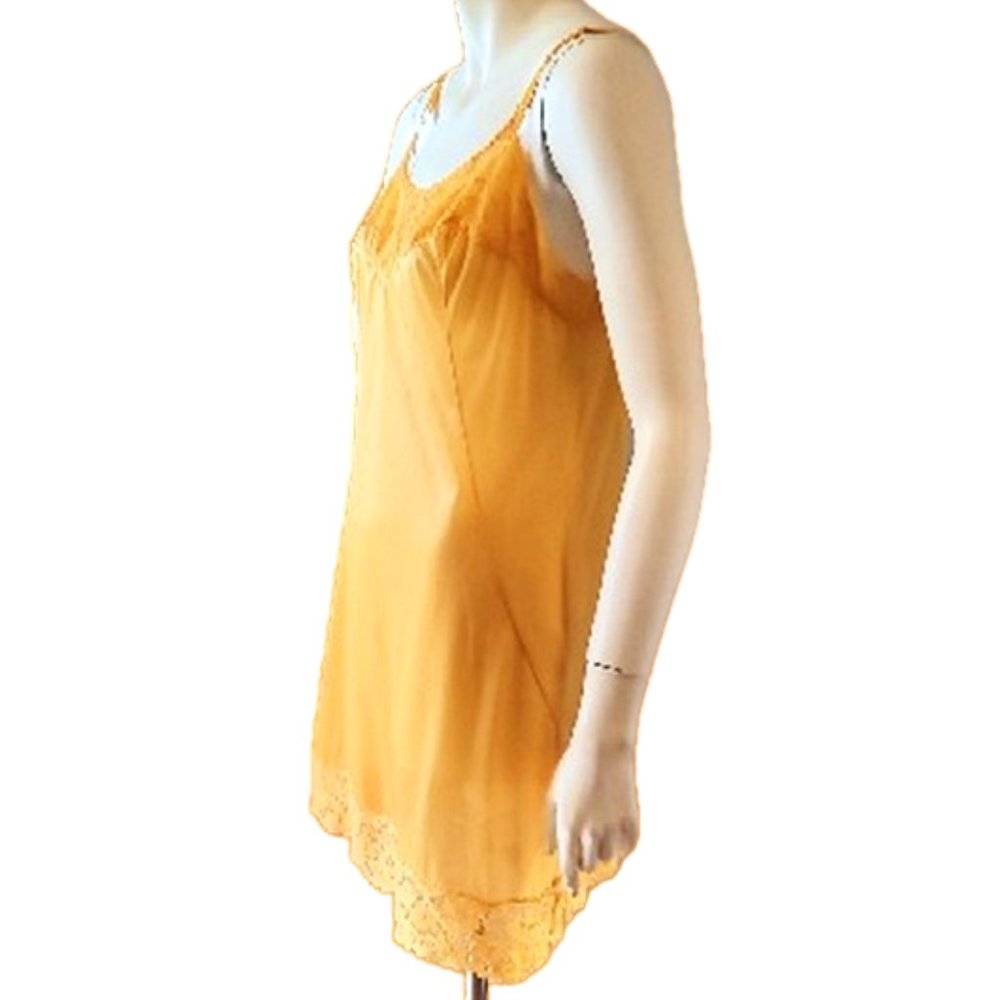 Yellow 1960s Vintage Short Mini Nylon Slip Dress Or Nightgown With Lace Small